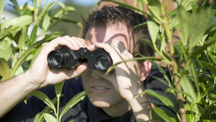 Mann schaut mit Fernglas durch Büsche | Bildquelle: dpa Mann schaut mit Fernglas durch Büsche