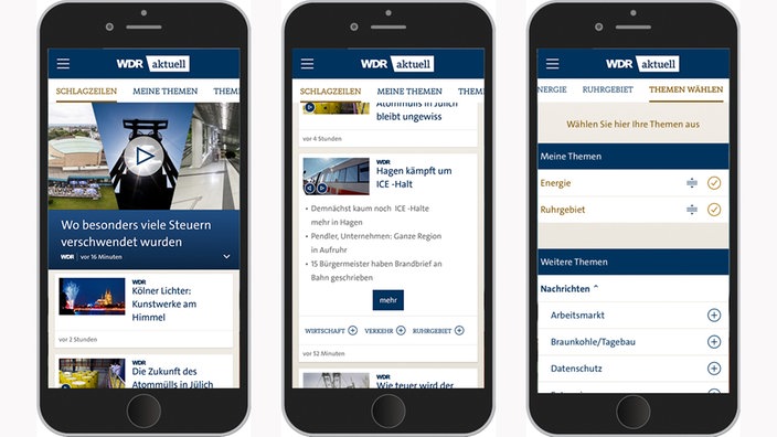 Drei Smartphones mit verschiedenen Ansichten der WDR aktuell App | Bildquelle: WDR Drei Smartphones mit verschiedenen Ansichten der WDR aktuell App