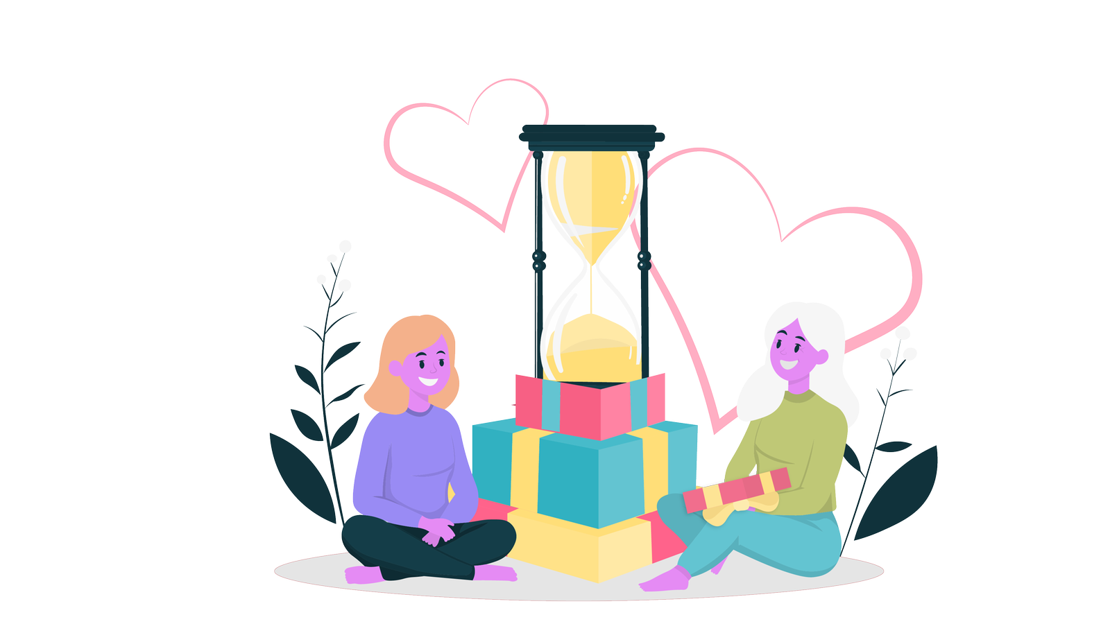 Eine Mutter sitzt im Schneidersitz gegenüber ihrer Tochter. Zwischen den beiden stehen verpackte Geschenke. Aus dem obersten Geschenk kommt eine sehr große Sanduhr.