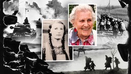 Montage: Porträts von Magdalena Hitze, Deutsche auf der Flucht aus den Ostgebieten, Panzer der Roten Armee
