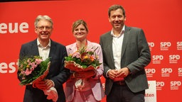 2023: Lars Klingbeil, Bundesvorsitzender der SPD gemeinsam mit den damals neu gewählten Vorsitzenden der NRWSPD Achim Post und Sarah Philipp