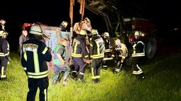 Feuerwehrleute bei der Rettung des Bullen nachts auf einer Wiese.