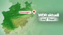 NRW-Karte, auf der Beverungen im Osten markiert ist, versehen mit der Beschriftung "WDR aktuell on tour"