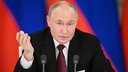 Russlands Präsident Wladimir Putin sprich zur Journalisten