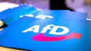 Kleine Papier-Flaggen mit Logo der AfD liegen auf einem Tisch. 