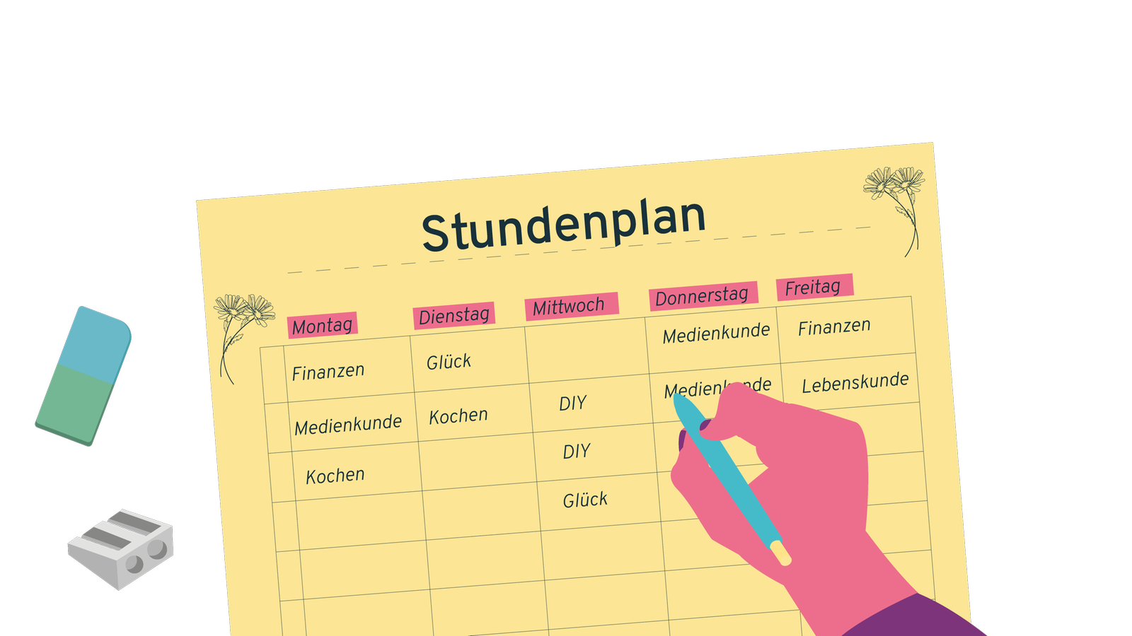 Ein Stundenplan für die Schule zeigt Schulfächer, die es geben sollte. Eine Hand schreibt das Schulfach Medienkunde in die Donnerstag-Spalte.